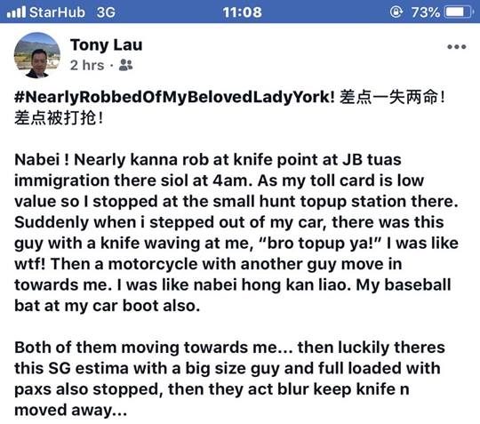 Singaporean shares his experience of how he was almost robbed in Malaysia