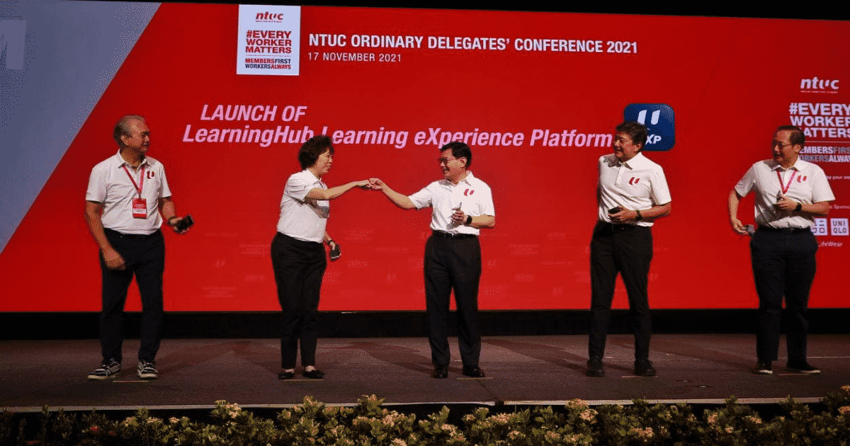 SNEF president Robert Yap, NTUC president Mary Liew, DPM Heng Swee Keat, NTUC secretary-general Ng Chee Meng and Manpower Minister Tan See Leng at the NTUC Ordinary Delegates’ Conference