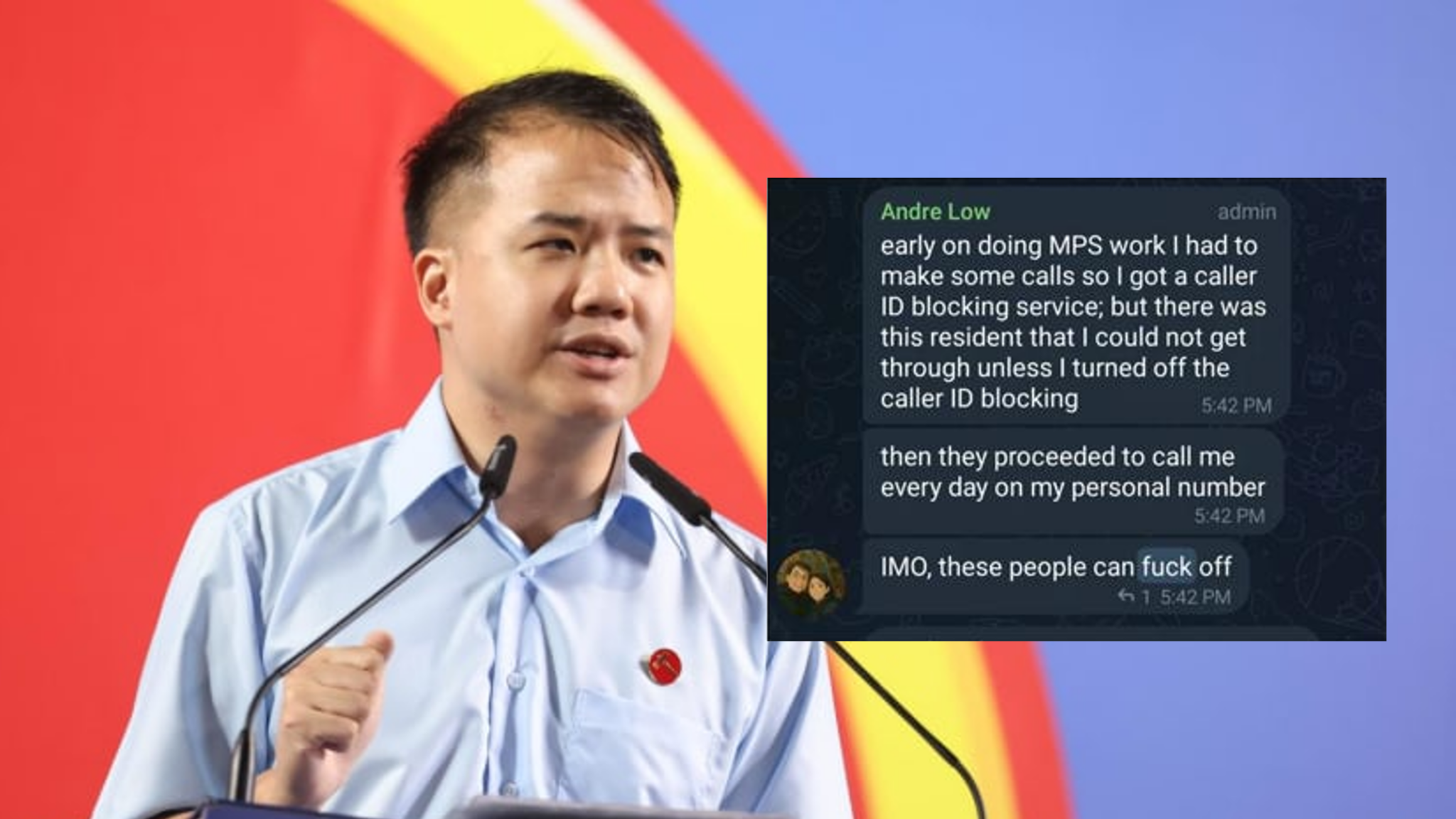 Unisex young man speaking at a podium with a microphone, background with vibrant red and yellow colors, political event, Sure Boh.