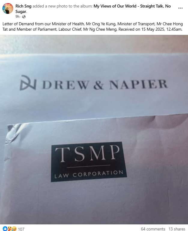 rich sng facebook post lawyer letters