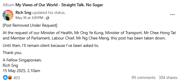 rich sng facebook post removed