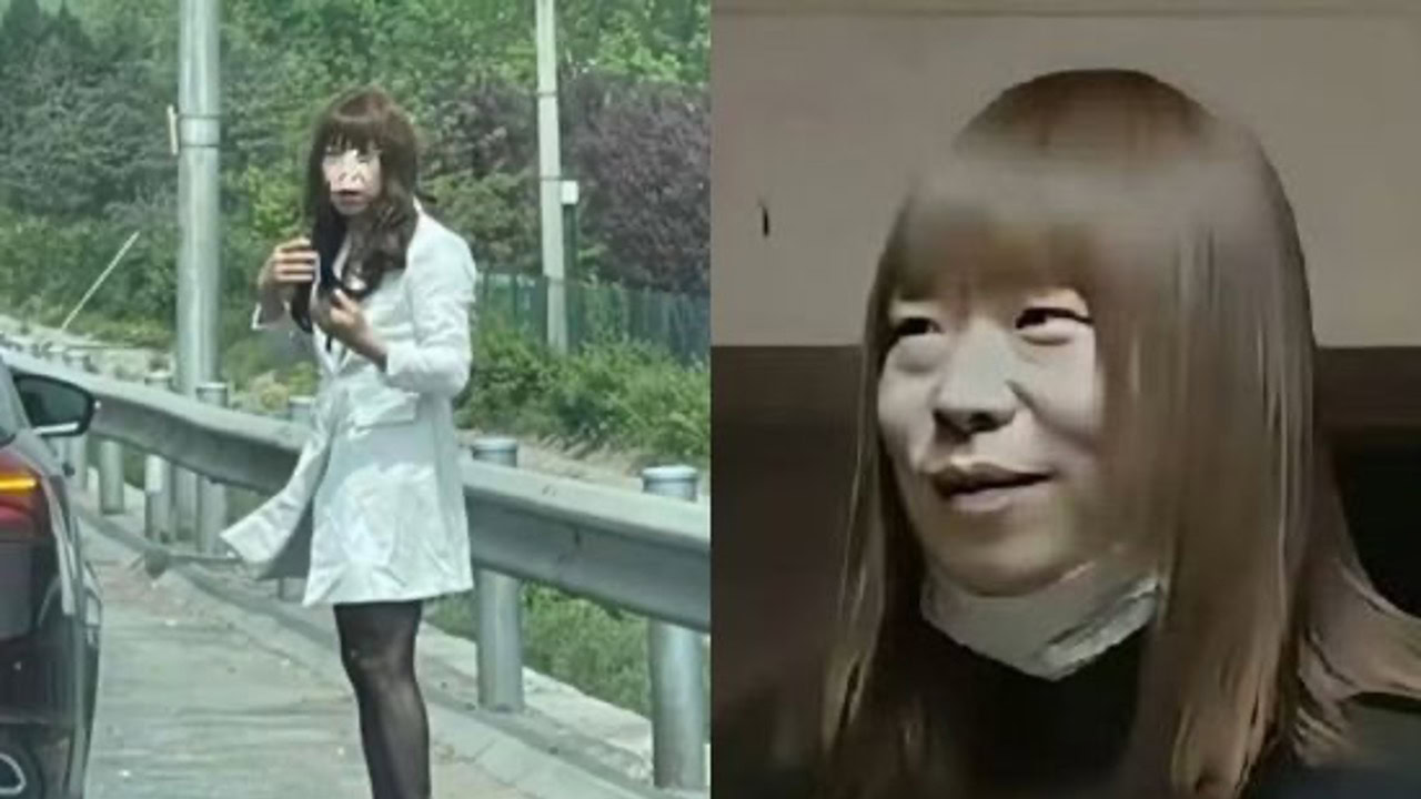 Unusual woman with long hair, expressive face, outdoors and indoor settings, eye-catching appearance, viral internet meme.