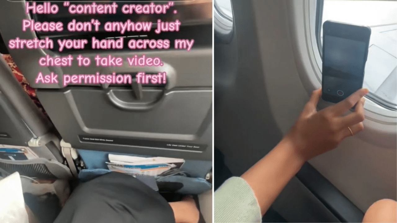 TikTok User Shares Awkward Flight Experience with Phone-Wielding Seatmate Who Invaded Personal Space