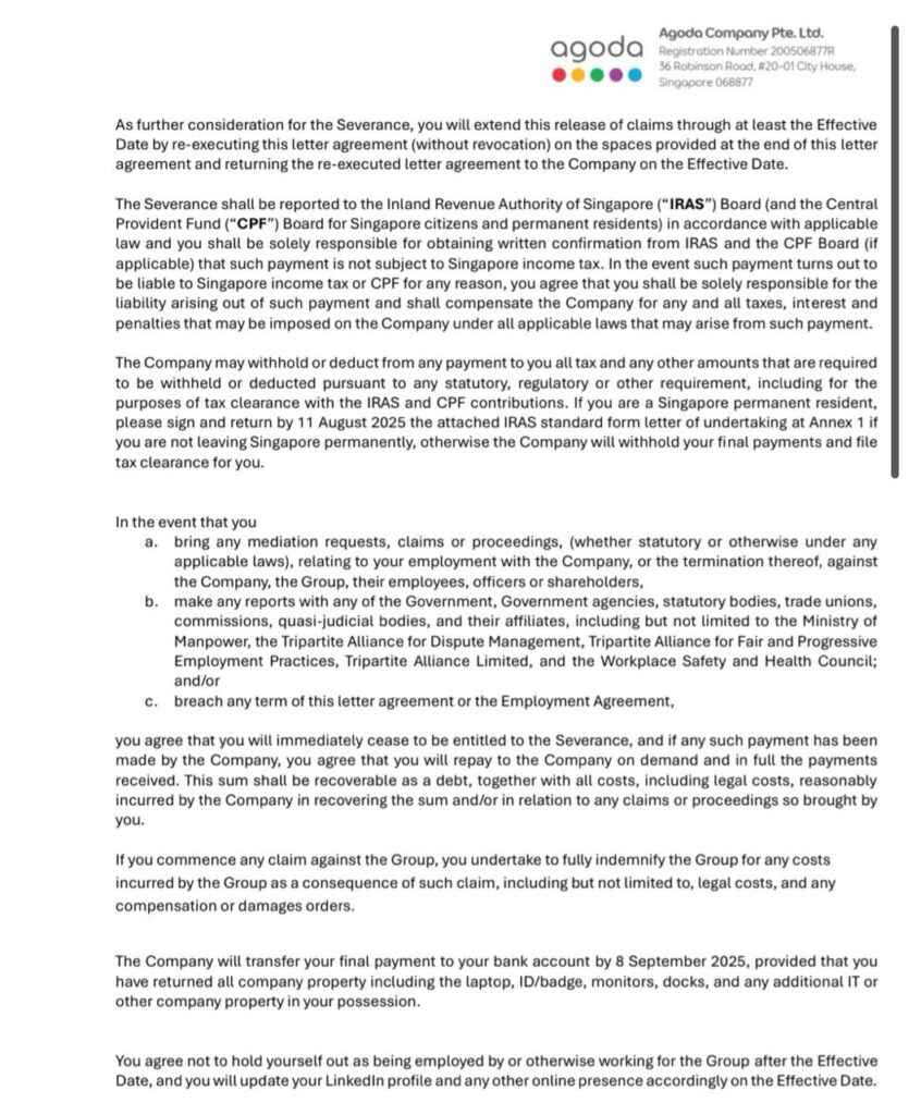 An excerpt from the severance agreement issued to staff retrenched by Agoda, obtained by The Business Times from a source who requested anonymity.