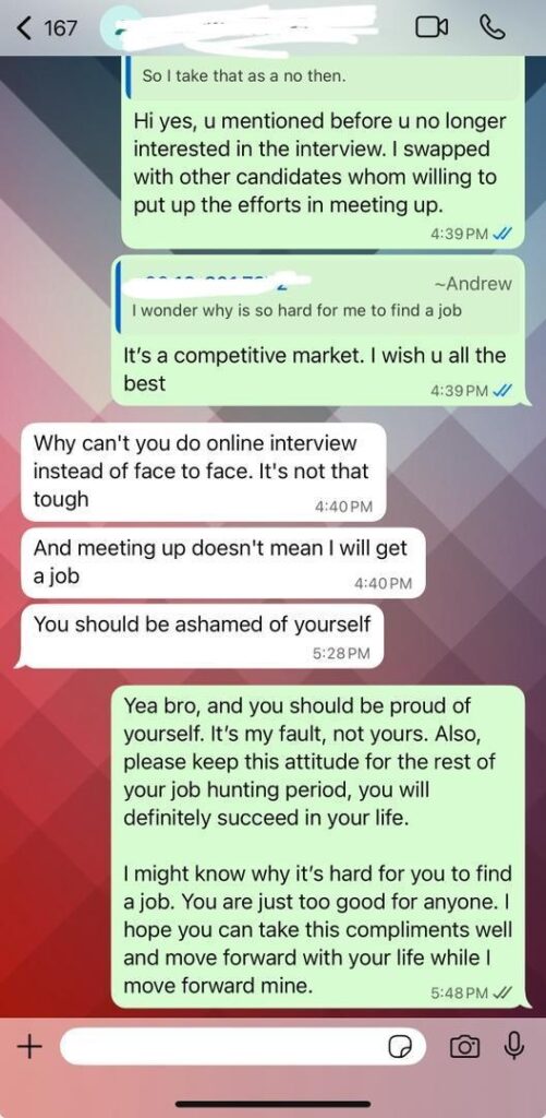 Malaysian Chinese jobseeker whatsapp