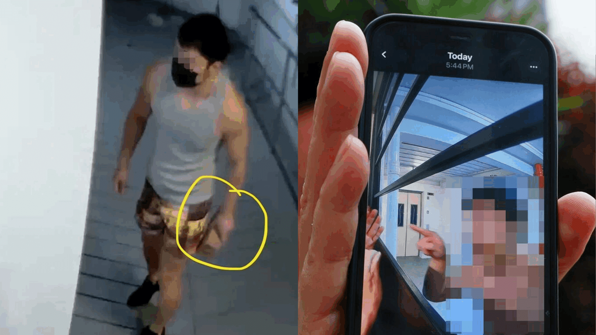 Aerial surveillance camera capturing a person with a yellow bag in a public space.