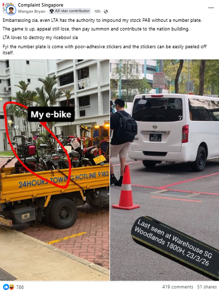 Man complains about LTA impounding his e-bike, ends up getting schooled by netizens Facebook