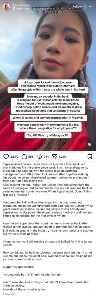 Woman claims she was pushed out of KL bank after reporting toxic workplace culture, later sued for RM1 million