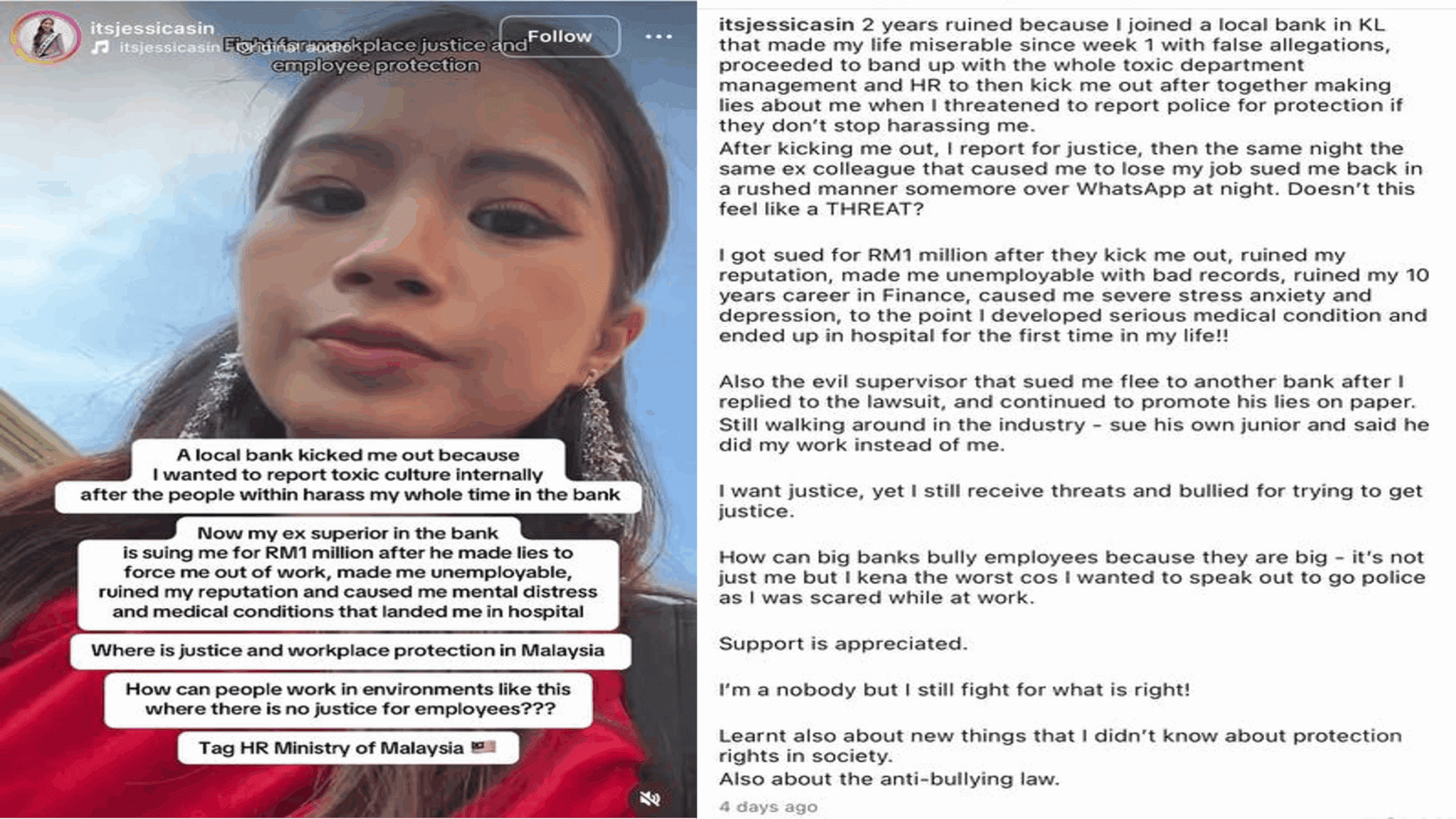 Woman claims she was pushed out of KL bank after reporting toxic workplace culture, later sued for RM1 million